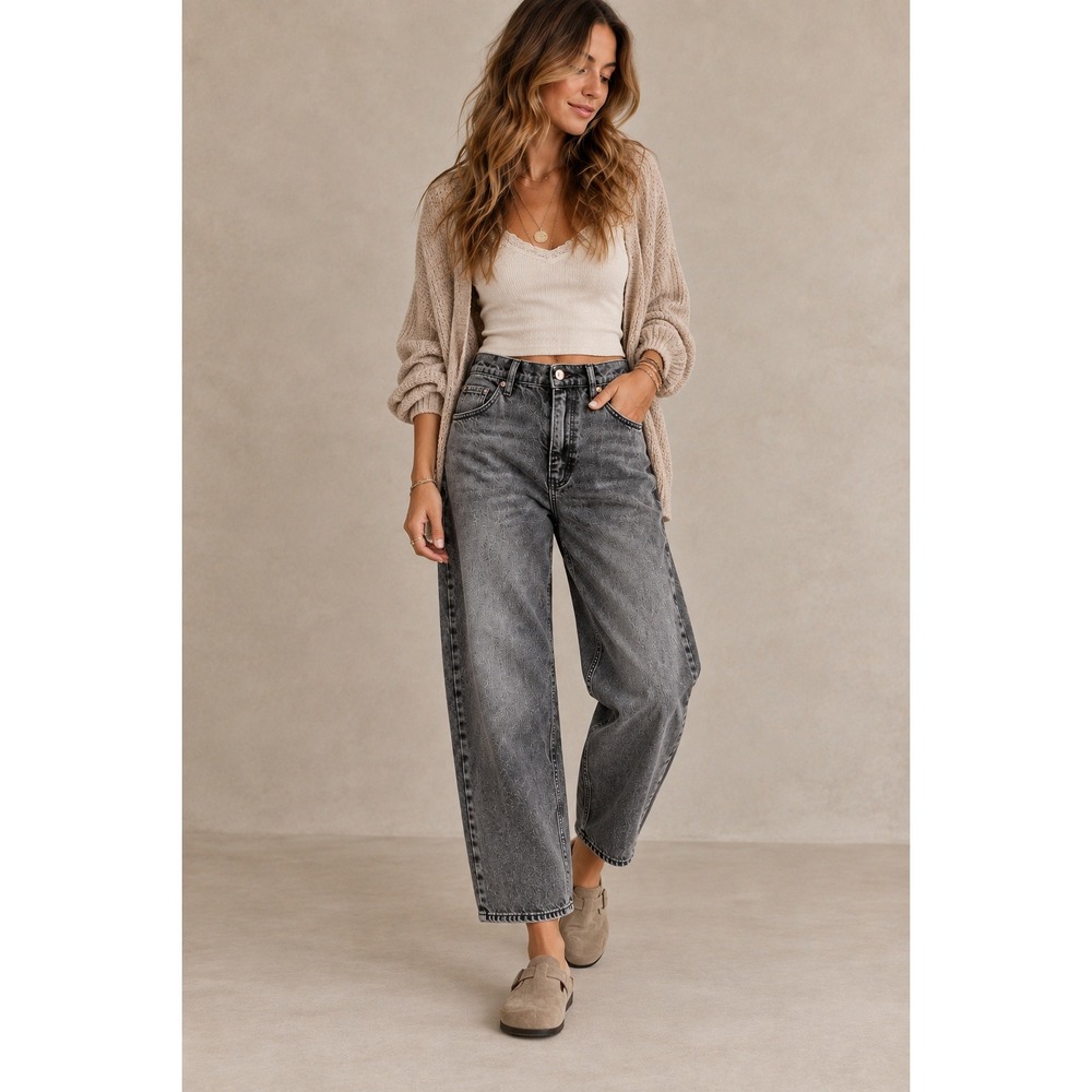 Free People Women Jeans 27 Black Good Luck Barrel Mid-Rise Faded Denim OB1153158
